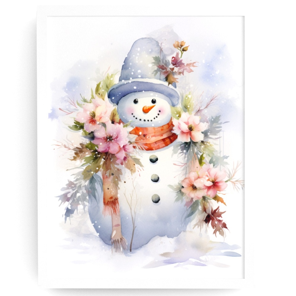 Watercolor Snowman Christmas Theme Wall Art Illustration Print Unframed